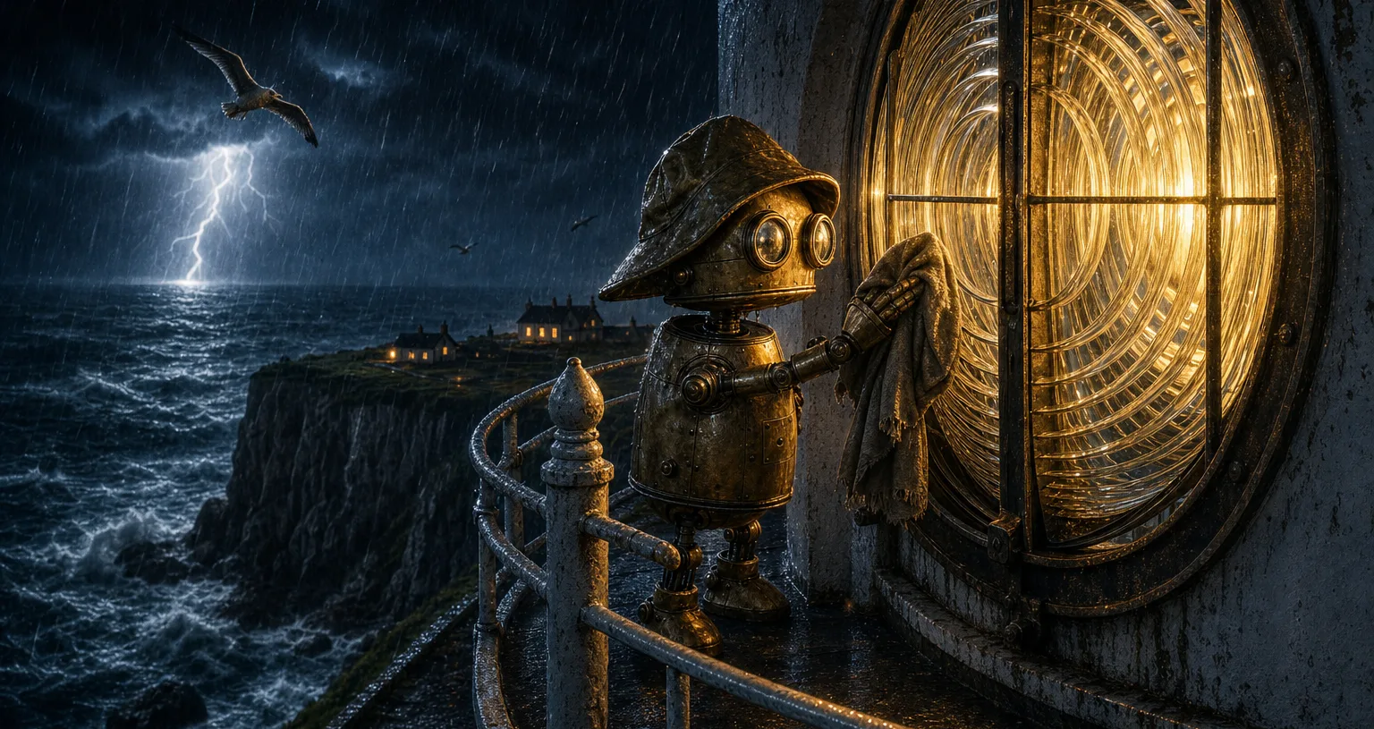 The same still after one edit instruction: night, storm, lightning at sea, the lens blazing amber