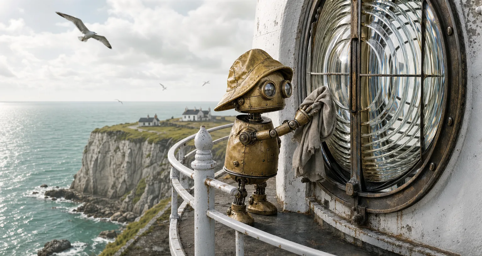Generated still: a brass lighthouse-keeper robot polishing the Fresnel lens on a clifftop lighthouse gallery at calm midday